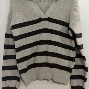 Marled V-Neck Sweater - Black and Gray Stripes